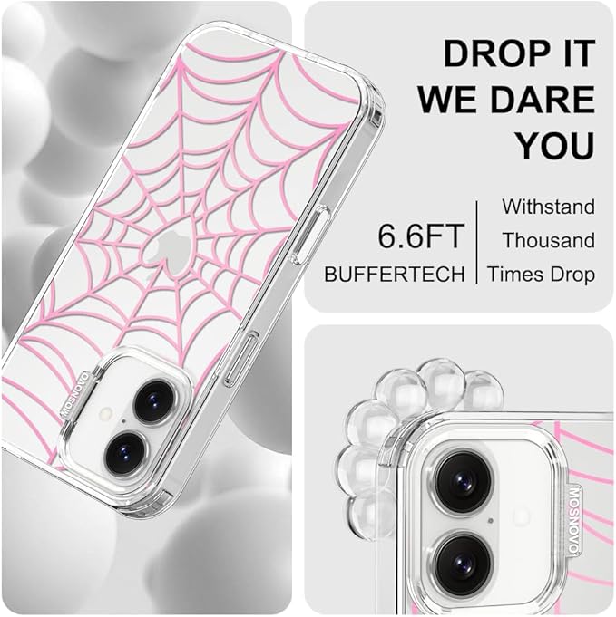 MOSNOVO for iPhone 17 Case, Shockproof Military-Grade Protection 6.6ft Drop Tested, Camera Control, Clear Phone Case for iPhone 17, Pink Spiderweb Design