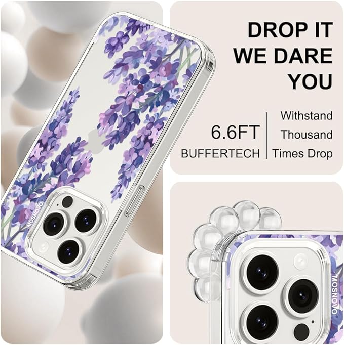 MOSNOVO Case for iPhone 15 Pro, [Buffertech 6.6ft Military-Grade Drop Protection] [Anti Peel Off Tech] Clear TPU Bumper Phone Case Cover Design - Lavender