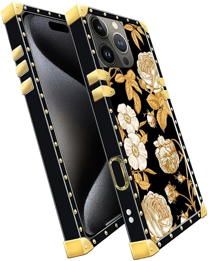 Compatible with iPhone 16 Pro Case, Blooming Rose Golden Flower Luxury Golden Decoration for Girl Women Soft TPU Shockproof Protective Hard PC Back for iPhone 16 Pro