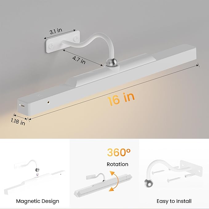 Rechargeable Picture Light for Wall Art White - 3 Color Temperatures,Remote Control & Adjustable Angle Wall Mount Battery Operated Wall Light for Paintings,Gallery,Frames,Photos (13H Runtime, 350LM)