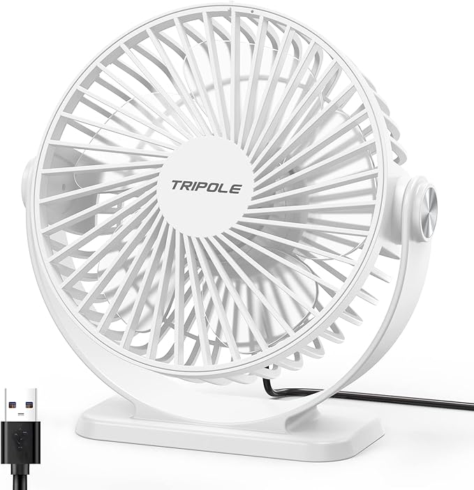 TriPole Small Desk Fan USB Powered Personal Fan 3 Speeds Strong Airflow Mini Fans 360°Rotation Portable 5.1 Inch Table Fans for Home Office Bedroom Desktop, White, 4.9ft Cable