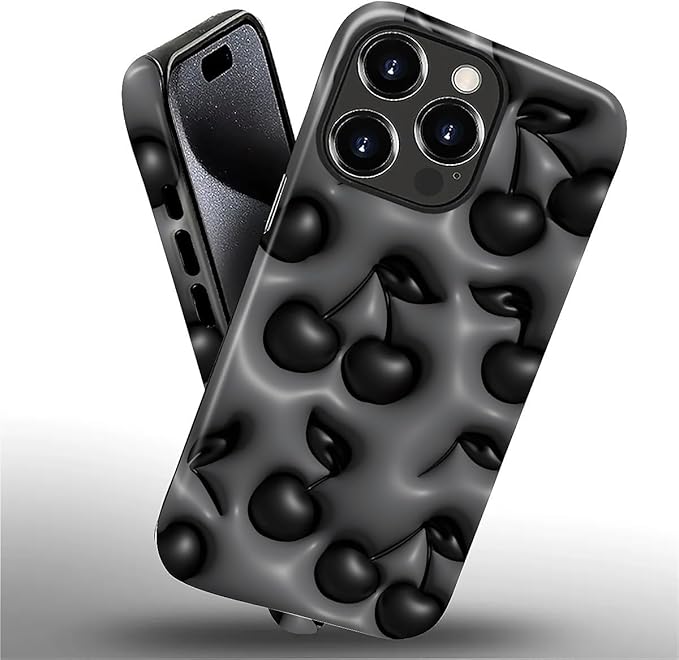 for iPhone 16 Pro Case,HL2 Cute Cool Cherry Black Hybrid 2 Layer Hard Shell Silicone Protective Pattern Design Case
