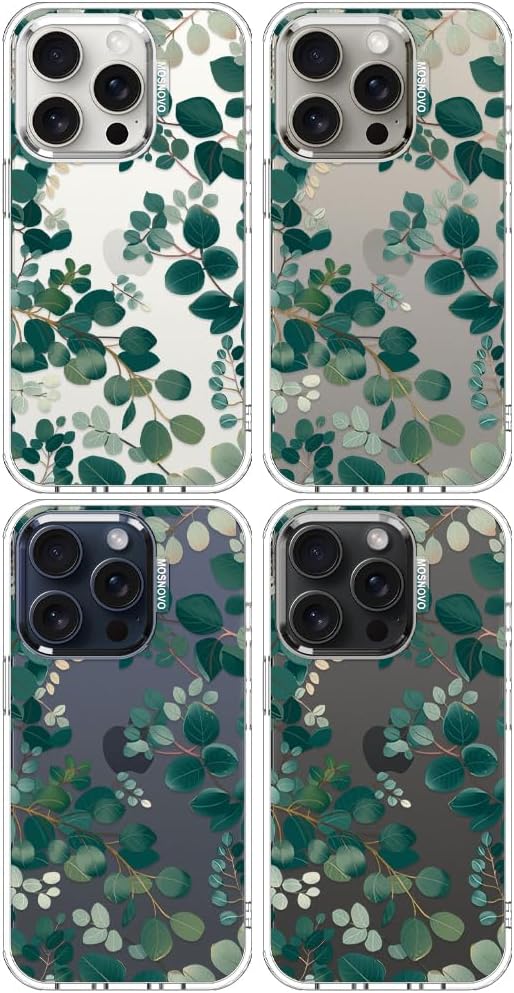 MOSNOVO Case for iPhone 15 Pro, [Buffertech 6.6ft Military-Grade Drop Protection] [Anti Peel Off Tech] Clear TPU Bumper Phone Case Cover Design - Eucalyptus