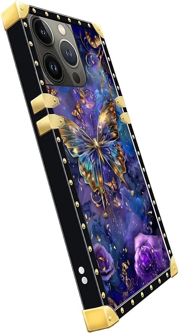 Compatible with iPhone 13 Pro Case, Glistening Golden Butterfly Vibrant Purple Blue Luxury Golden Decoration for Girl Women Soft TPU Shockproof Protective Hard PC Back