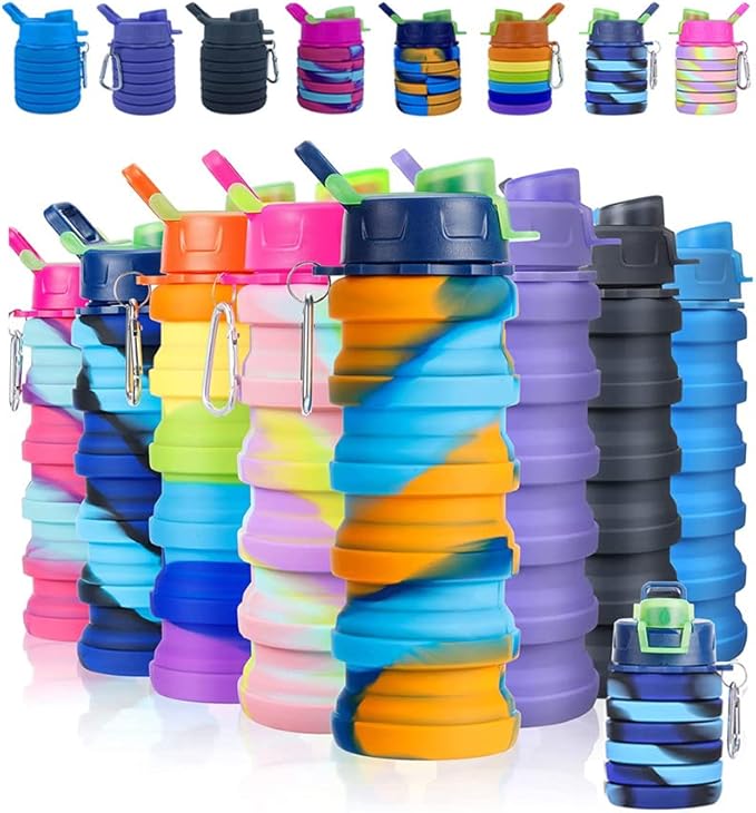 Collapsible Silicone Bottles 2 Pack - Expandable 500ml Portable Sport Bottles with Carabiner for Travel & Camping (Blue Camo + Pink Camo)