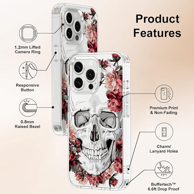 MOSNOVO Case for iPhone 13 Pro, [Buffertech 6.6ft Military-Grade Drop Protection] [Anti Peel Off Tech] Clear TPU Bumper Phone Case Cover Design - Red Flower Skull