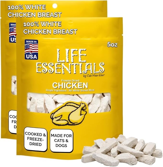 Life Essentials by Cat-Man-Doo | Chicken - 2 Pack of 5oz. Bags | Freeze Dried Chicken Cat & Dog Treats | Healthy, Single Ingredient, Training Treats, High Protein