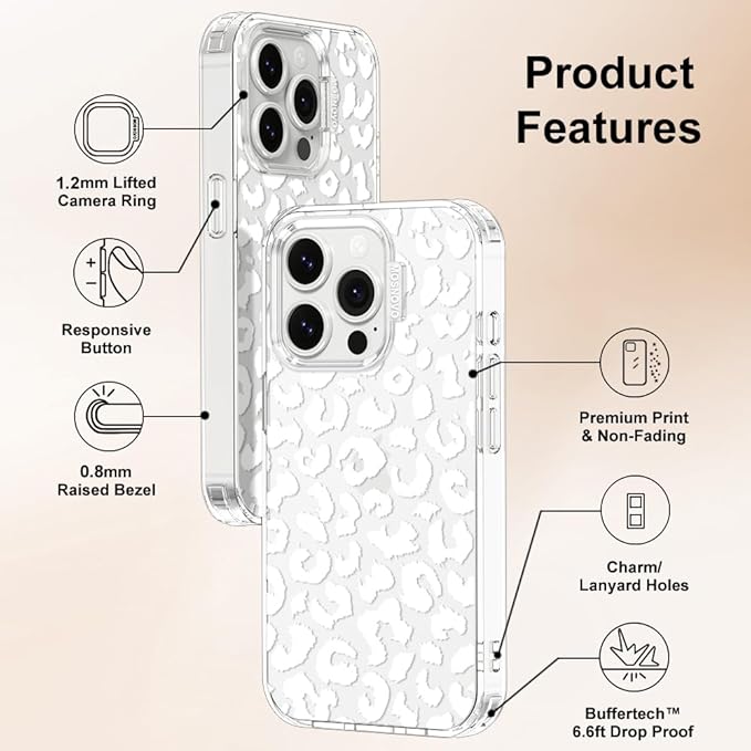 MOSNOVO Case for iPhone 14 Pro, [Buffertech 6.6ft Military-Grade Drop Protection] [Anti Peel Off Tech] Clear TPU Bumper Phone Case Cover Design - White Leopard Print