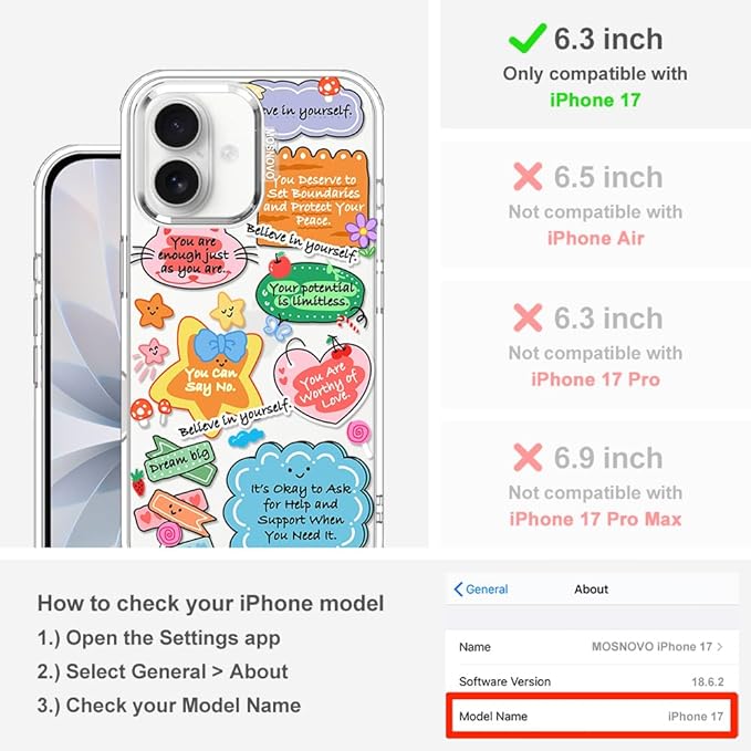 MOSNOVO for iPhone 17 Case, Shockproof Military-Grade Protection 6.6ft Drop Tested, Camera Control, Clear Phone Case for iPhone 17, Self Love Club Design