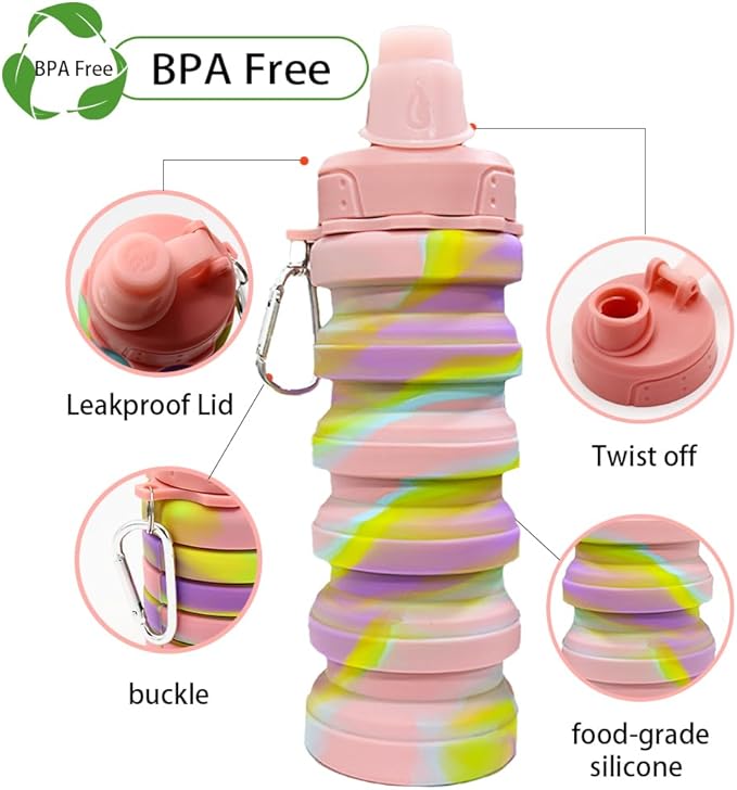 Silicone Collapsible Sports Water Bottles 500ml 16oz,Leak proof Twist Cap BPA Free Retractable for Home Outdoor,Biking,Hiking Portable Water Bottle Cups(1#Pink)