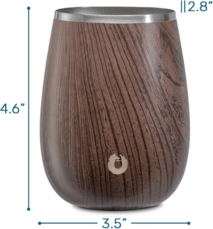 SNOWFOX Premium Vacuum Insulated Stainless Steel Grand Pinot Wine Glass, Chilled Wine Stays Icy Cold, Stemless Cocktail Glasses, Elegant Home Entertaining, Classic Barware, 12oz, Dark Walnut