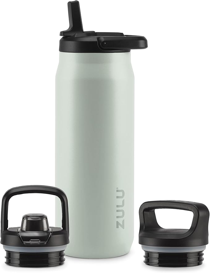 ZULU Base 32oz Stainless Steel Water Bottle with 3 Lids- Straw, Chug, Twist | Double Walled and Vacuum Insulated Metal Thermos | For Gym, Outdoor | Built in Carry Loop, Dishwasher Safe, Sage