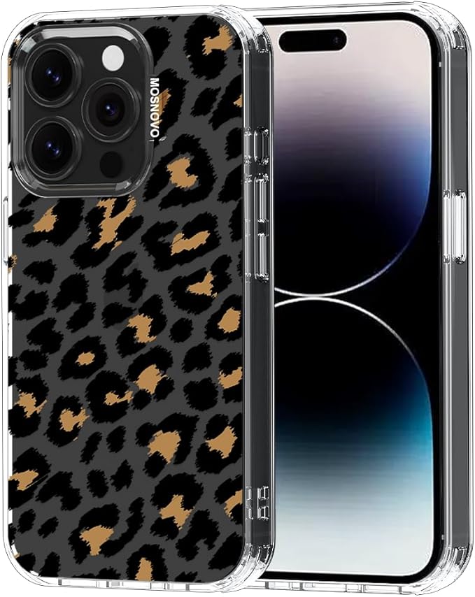 MOSNOVO Case for iPhone 14 Pro, [Buffertech 6.6ft Military-Grade Drop Protection] [Anti Peel Off Tech] Clear TPU Bumper Phone Case Cover Design - Leopard Print