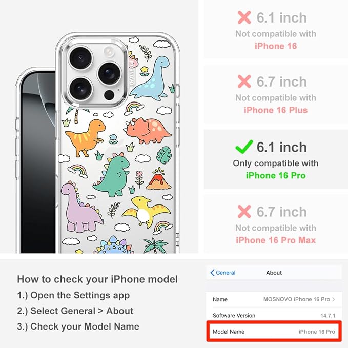 MOSNOVO Case for iPhone 16 Pro, [Buffertech 6.6ft Military-Grade Drop Protection] [Anti Peel Off Tech] Clear TPU Bumper Phone Case Cover Design - Dinosaur Land