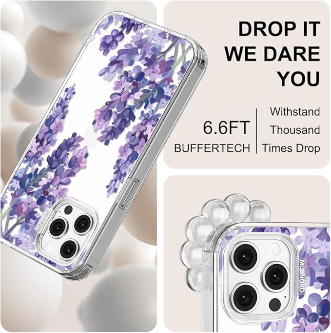 MOSNOVO Case for iPhone 12 & iPhone 12 Pro, [Buffertech 6.6ft Military-Grade Drop Protection] [Anti Peel Off Tech] Clear TPU Bumper Phone Case Cover Design - Lavender
