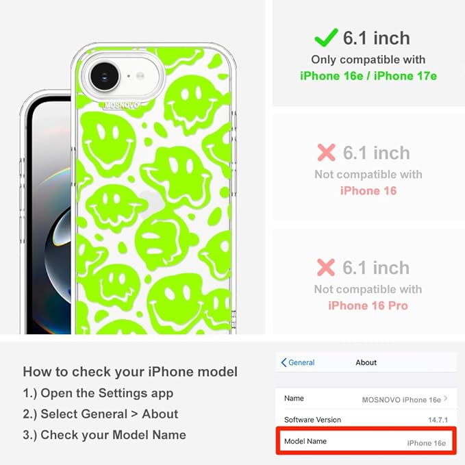MOSNOVO for iPhone 17e Case/iPhone 16e Case, Shockproof Military-Grade Protection 6.6ft Drop Tested, Clear Phone Case for iPhone 16e / iPhone 17e, Distorted Green Smiles Face Design