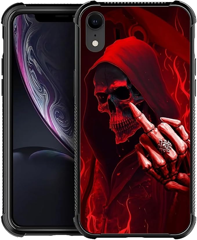 for iPhone XR Case, Gestures Funny Skull Pattern Graphic Design Girl Boy Soft Silicone Hard Acrylic Shock Protection for iPhone XR