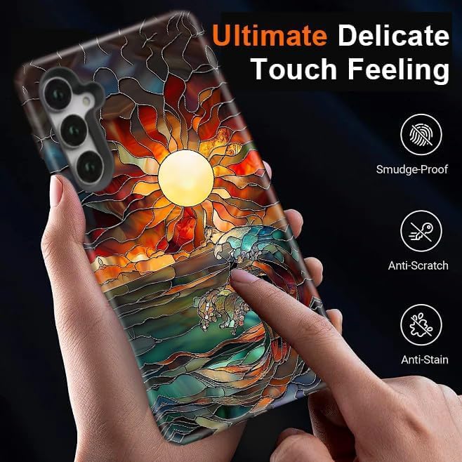 Compatible for Samsung Galaxy A17 5G Case, Dual Layer Heavy Duty 2 in 1 Shockproof Protective Phone Case,Stained Glass Sun Rays Ocean Waves