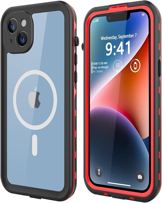 for iPhone 14 Plus Waterproof Case - Shockproof, Dustproof, Built-in Screen Protector, Magnetic Ring, 6.7" (Red)
