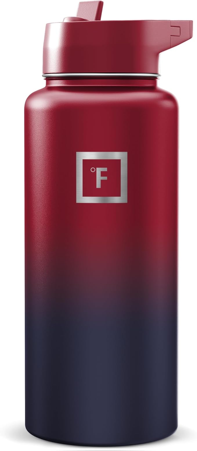 IRON °FLASK Camping & Hiking Hydration Flask with Straw, Wide Mouth Insulated Stainless Steel Sports Water Bottle - Dark Rainbow 32 oz - Straw (1 Lid)