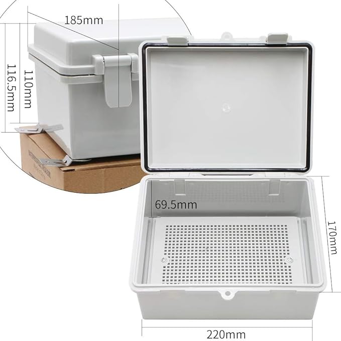 MAKERELE Small Junction Box Outdoor Electrical Watertight Plastic Includes Internal Mounting Panel 8.6" 6.7" 4.3" (220170110mm) Electronic Waterproof Case with 2 NPT 1/2” Glands and Wall Bracket