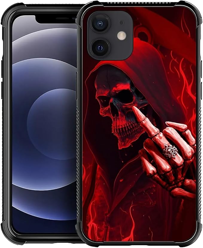 for iPhone 12 Mini Case, Gestures Funny Skull Pattern Graphic Design Girl Boy Soft Silicone Hard Acrylic Shock Protection for iPhone 12 Mini