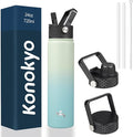 Konokyo Insulated Water Bottle 24oz Stainless Steel Sport Bottles with 3 Lids,Mint