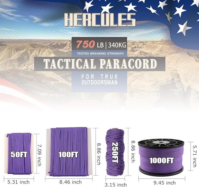 HERCULES 750lb Paracord 4mm 11 Strands Tactical Parachute Cord, 50' 100' 250' 1000' Utility Rope for Camping, Survival, Outdoor Gear (Purple, 1000FT)