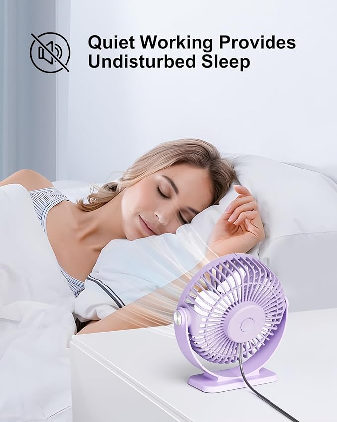 TriPole Desk Fan USB Powered Mini Portable Fan 3 Speeds Strong Airflow Small USB Fans 360°Rotation Personal Travel Fan 5.1 Inch for Home Office Table Bedroom Bedside Desktop, Purple, 4.9ft Cable
