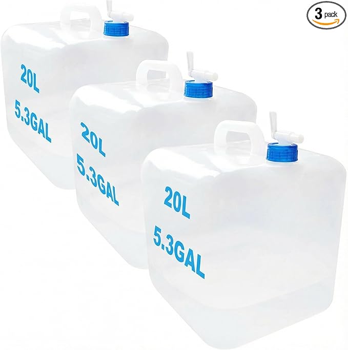 3-Pack 5.3 Gallon (20L) Collapsible Water Containers with Spigot - BPA-Free PE Water Jug - Leak-Proof Water Storage Bag for Camping, Hiking & Emergency Backup - Portable, Foldable