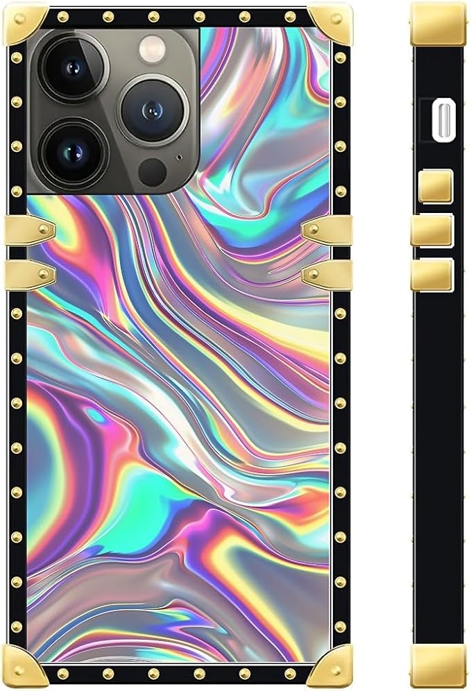 Compatible with iPhone 13 Pro Max Case, Holographic Abstract Iridescent Textures Luxury Golden Decoration for Girl Women Soft TPU Shockproof Protective Hard PC Back