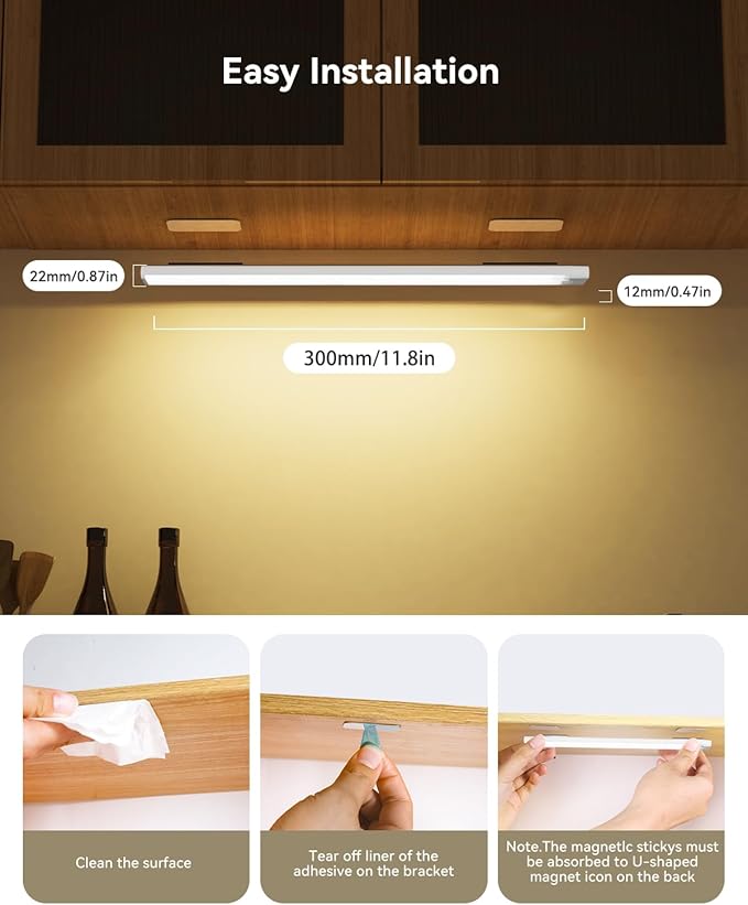 Under Cabinet Lighting 12 Inch 3-Pack, Rechargeable Motion Sensor Light Indoor, Dimmable 3 Color Temps Closet Lights Battery Operated, Stick Wireless Under Counter Lights for Kitchen, Stairs