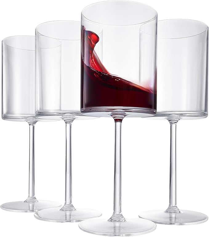 Unbreakable Stemmed Square Tritan Acrylic Wine Glasses European Style | Set of 4 | 100% US Drinkware, 18 oz Dishwasher Safe Clear Color Shatterproof BPA-free plastic, Floating Pool, Indoor and Outdoor