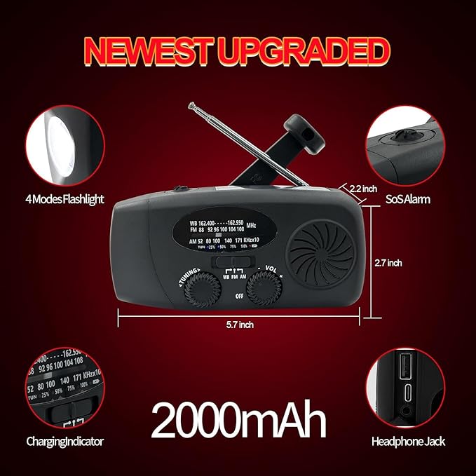 Emergency Hand Crank Radio with LED Flashlight for Emergency, AM/FM NOAA Portable Weather Radio with 2000mAh Phone Charger, USB Charged & Solar Power for Camping, Emergency (Black)