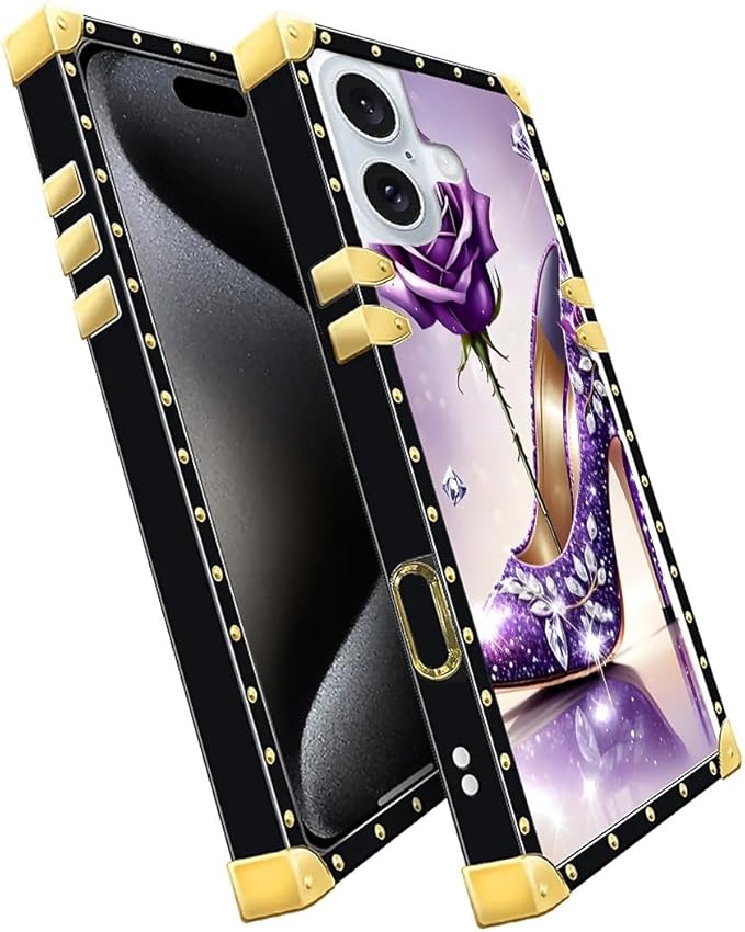 Compatible with iPhone 16 Case, High Heeled Purple Diamond Rose Luxury Golden Decoration for Girl Women Soft TPU Shockproof Protective Hard PC Back for iPhone 16