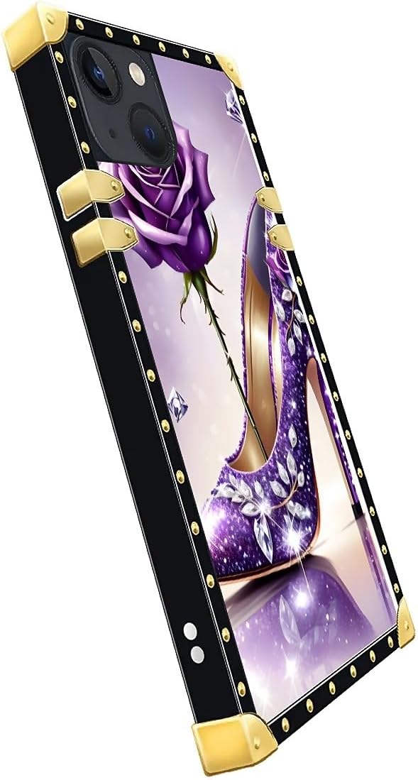 Compatible with iPhone 13 Case, High Heeled Purple Diamond Rose Luxury Golden Decoration for Girl Women Soft TPU Shockproof Protective Hard PC Back for iPhone 13
