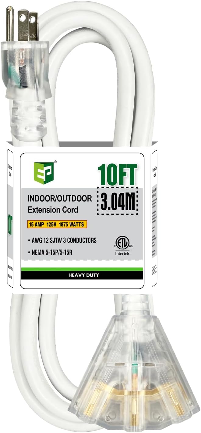 EP 10FT 12 Gauge Heavy Duty Extension Cord, 15A 125V 1875W, 3 Outlet Indoor/Outdoor Power Cord with Lighted End, 12/3 SJTW Weatherproof White, ETL Listed