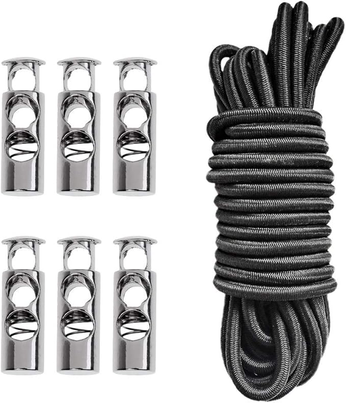 6 Pieces Heavy Duty 2 Hole Metal Cord Lock Clamp Toggle Stop Slider for Paracord, Elastic Rope, Cordage, Drawstrings + 5 Meters (16.4 FT) Shock Cord Crafting Stretch String Tie Down