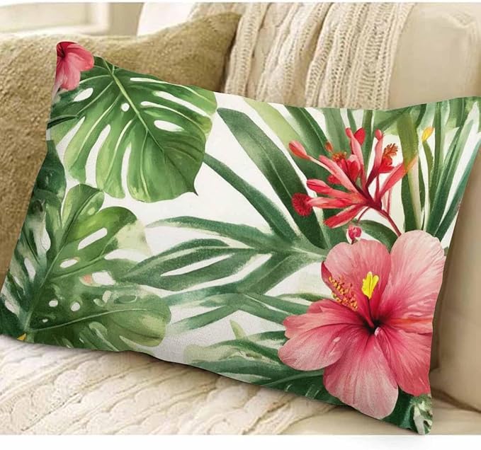 EKOBLA Watercolor Tropical Floral Pillow Cover Hawaii Palm Tree Hibiscus Square Cotton Linen Decorative Cushion Case for Couch Sofa Chair Bed 12x20 Inches