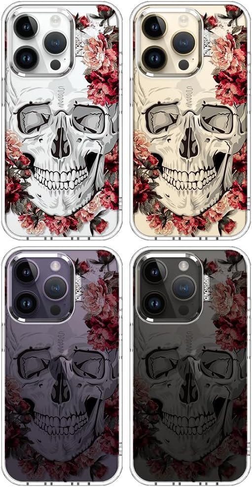 MOSNOVO Case for iPhone 14 Pro, [Buffertech 6.6ft Military-Grade Drop Protection] [Anti Peel Off Tech] Clear TPU Bumper Phone Case Cover Design - Red Flower Skull