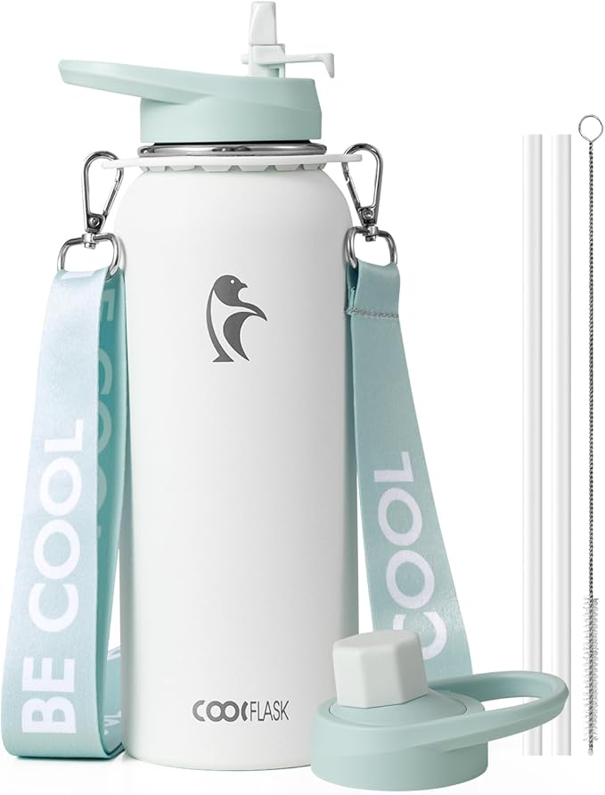 Coolflask Water Bottle with Straw, 40 oz Insulated Metal Water Flask with Straw & Spout Lids, Stainless Steel Double Wall Vacuum, Keep Cold 48h Hot 24h, Leak Proof, BPA-Free, Glacier White