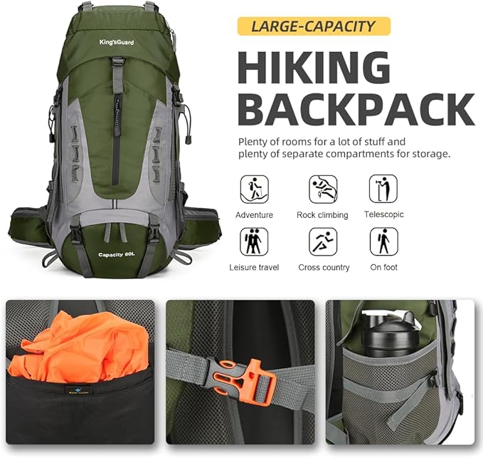 King'sGuard 60L Hiking Backpack for Men and Women Lightweight Camping Hiking Backpack with Rain Cover Large Waterproof Travel Backpack Backpacking Pack (Army Green)