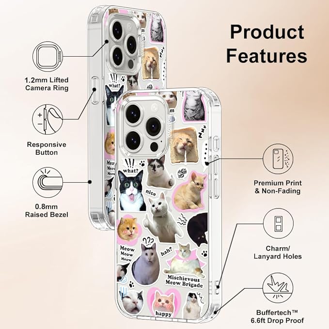 MOSNOVO Case for iPhone 15 Pro Max, [Buffertech 6.6ft Military-Grade Drop Protection] [Anti Peel Off Tech] Clear TPU Bumper Phone Case Cover Design - The Cat Brigade