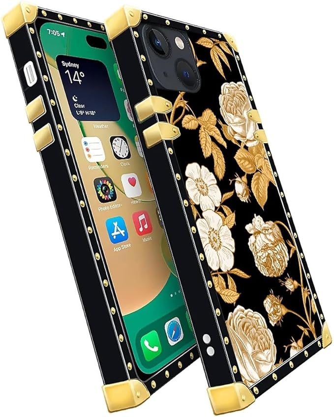 Compatible with iPhone 14 Case, Blooming Rose Golden Flower Luxury Golden Decoration for Girl Women Soft TPU Shockproof Protective Hard PC Back for iPhone 14