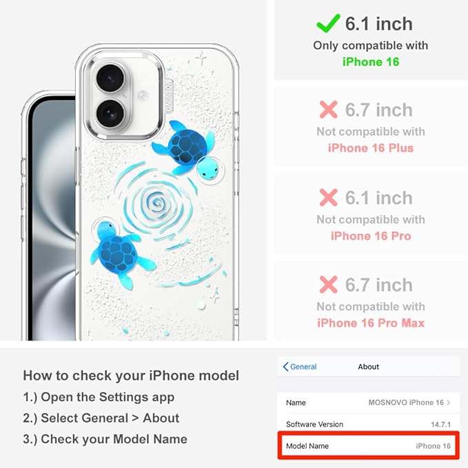 MOSNOVO Case for iPhone 16, [Buffertech 6.6ft Military-Grade Drop Protection] [Anti Peel Off Tech] Clear TPU Bumper Phone Case Cover Design - Space Turtle
