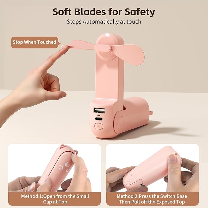 Mini Handheld Fan,USB Rechargeable 3 IN 1 Personal Cooler Fans with Power Bank,LED Flashlight,Small Foldable Pocket Portable Cooling Fan-Travel & Emergency Essentials for Outdoor,Pink