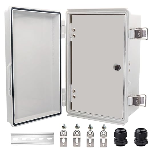 Waterproof Electrical Box with Mounting Plate, IP67 Junction Box Stainless Steel Latch Hinged Grey Cover Project Enclosure with Inner Door,Wall Bracket and 2 Glands 11.4" x 7.5" x 5.5"