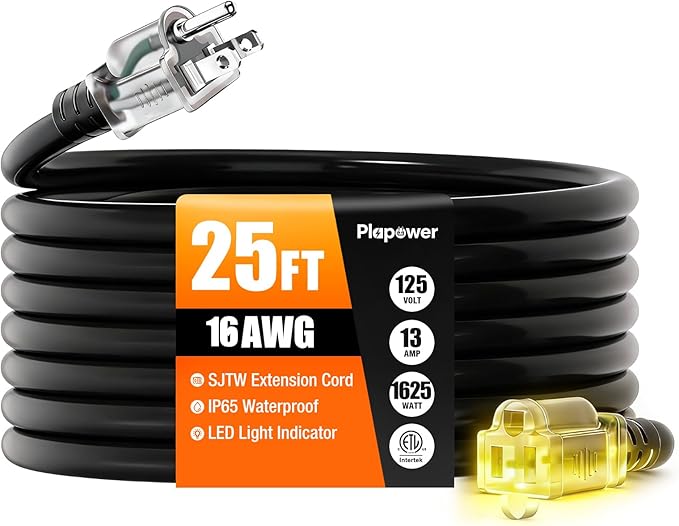25 FT Outdoor Extension Cord Waterproof, 16/3 Gauge Heavy Duty 3 Prong Power Cord with Lighted Indicator End, 13A 125V 1625W SJTW, ETL Listed, Great for Lawn/Garden/Home(Black)