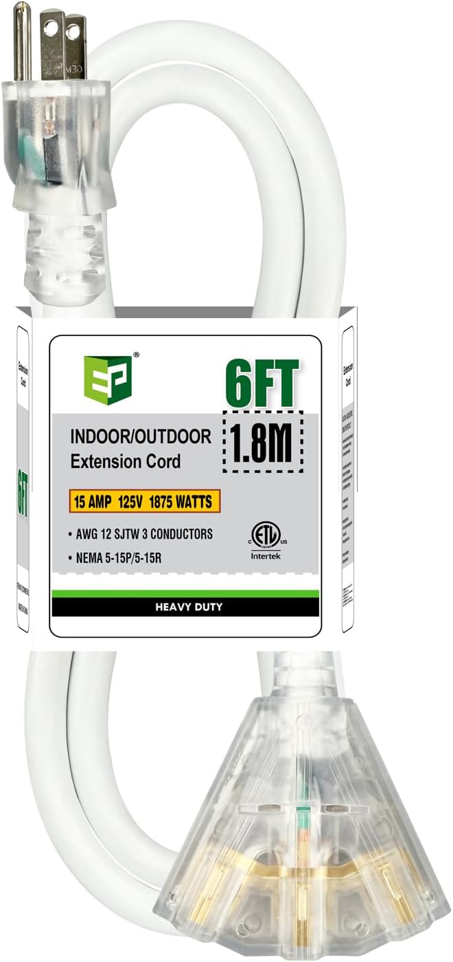 EP 3FT 12 Gauge Heavy Duty Extension Cord, 15A 125V 1875W, 3 Outlet Indoor/Outdoor Power Cord with Lighted End, 12/3 SJTW Weatherproof White, ETL Listed