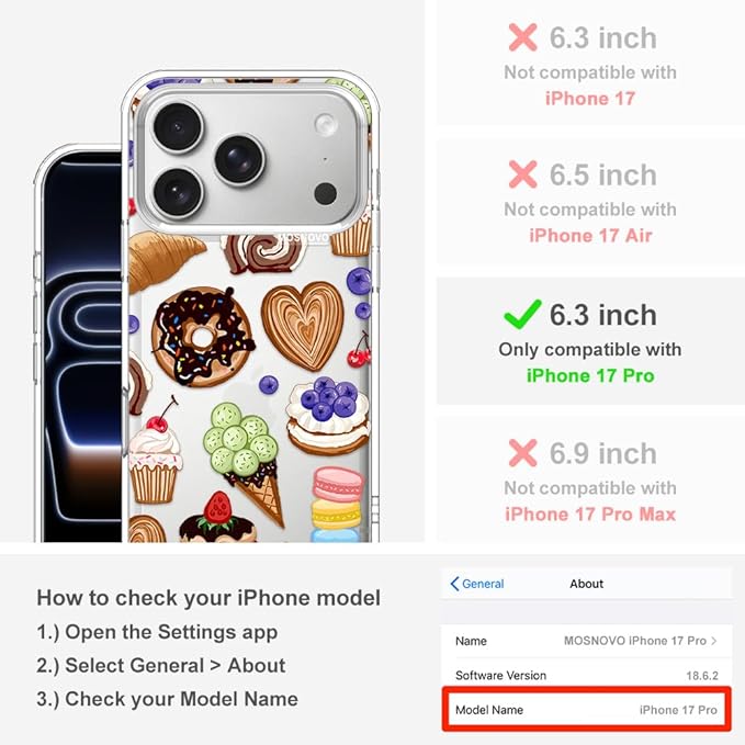 MOSNOVO for iPhone 17 Pro Case, Shockproof Military-Grade Protection 6.6ft Drop Tested, Camera Control, Clear Phone Case for iPhone 17 Pro, Sweet Treats Design